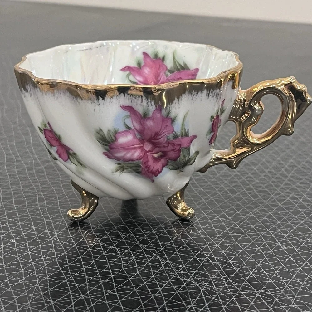 Vintage Japan Pink Rose Gold Iridescent Footed Cup & Open Saucer; Teacup Napco